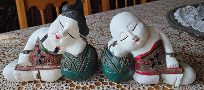 ORIENTAL boy and girl wood carving art sculpture