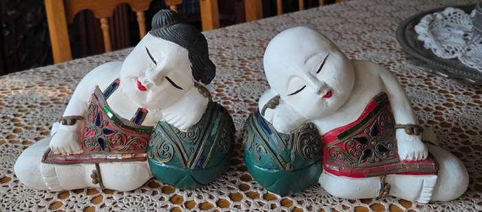ORIENTAL boy and girl wood carving art sculpture