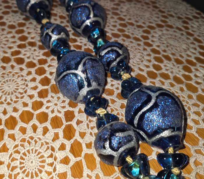Large Cobalt Blue Silver  Glitter Painted Art Murano TIE BACK