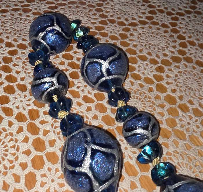 Large Cobalt Blue Silver  Glitter Painted Art Murano TIE BACK