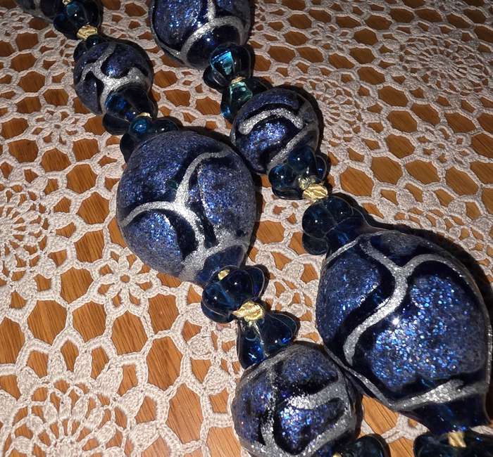 Large Cobalt Blue Silver  Glitter Painted Art Murano TIE BACK