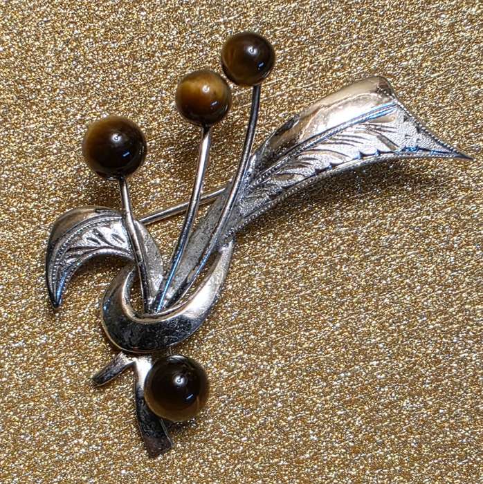 Vintage Silver Brooch with Tigers Eye Stones