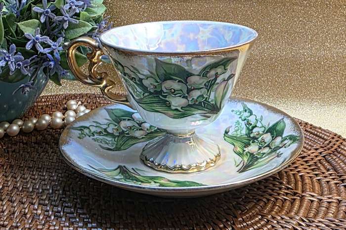 The Lily of The Valley May Flower  UCAGCO Japan Lusterware Footed Tea Cup & Saucer