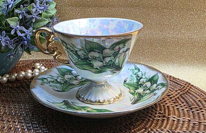 The Lily of The Valley May Flower  UCAGCO Japan Lusterware Footed Tea Cup & Saucer