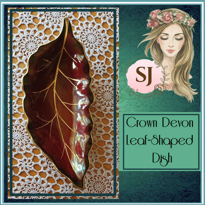 Vintage Crown Devon Leaf-Shaped Dish  Maroon with Gilded Leaf Veins  1930s1940s English Pottery