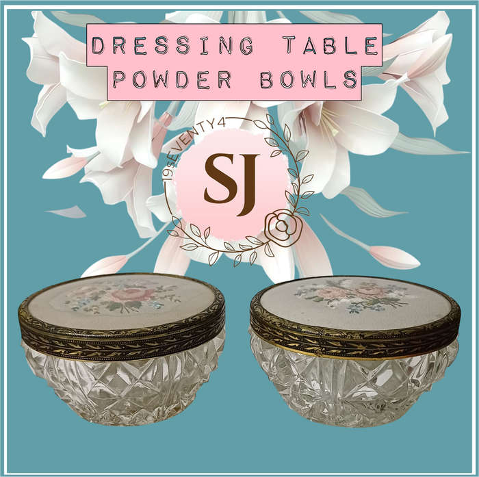 Vintage  glass powder bowls with brass lids |  dressing table accessories | trinket bowls |
