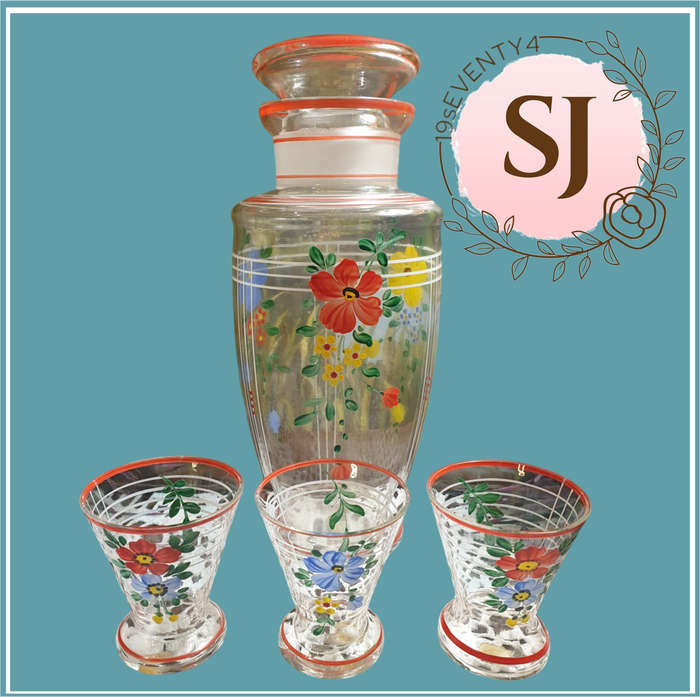 Czechoslovakia | hand painted | Decanter & 3 Glasses |  Fully Pre Loved |