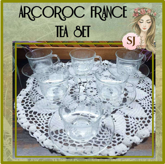 ARCOROC FRANCE TEA SET | FRENCH | KITCHENALIA | CLEAR GLASS WITH PATTERN |