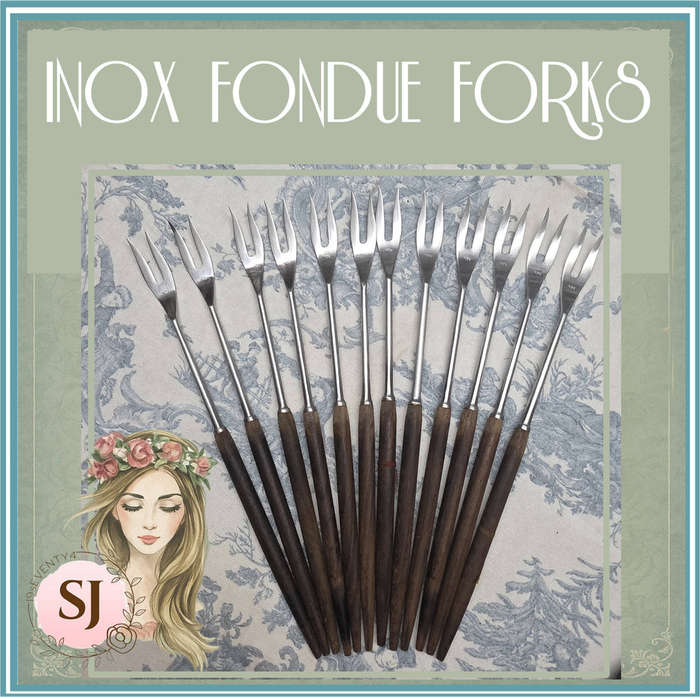 Set of 12 INOX Fondue Forks  Wooden Handles