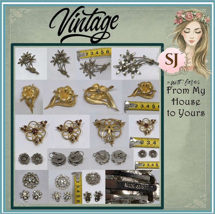 Vintage Jewelry Collection | 4 Brooches, 2 Pairs of Earrings & Decorative Tin