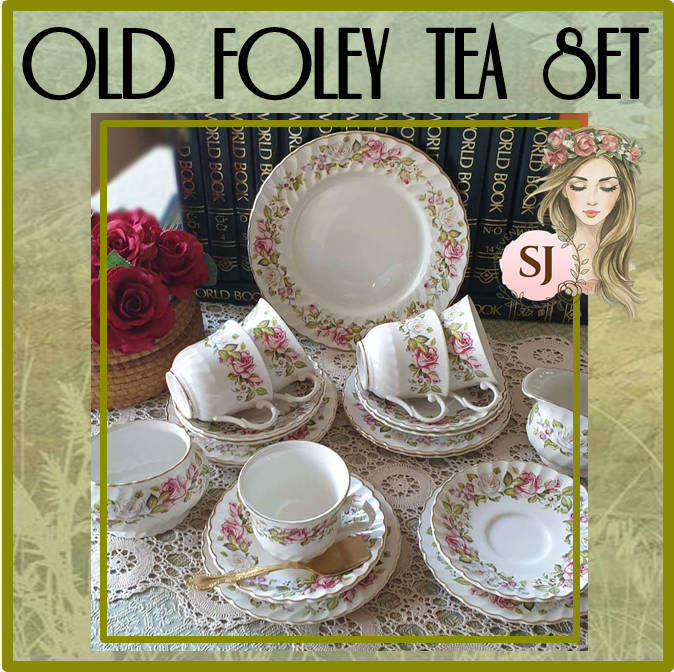 OLD FOLEY TEA SET MADE IN ENGLAND WITH GOLD PLATED SUGAR SPOON