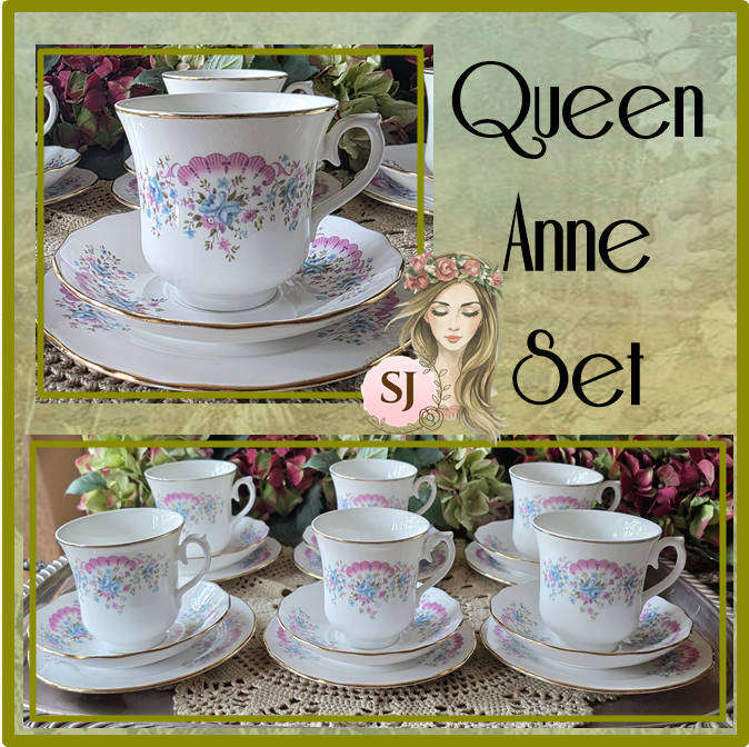 Queen Anne Set With Pink & Blue Flowers