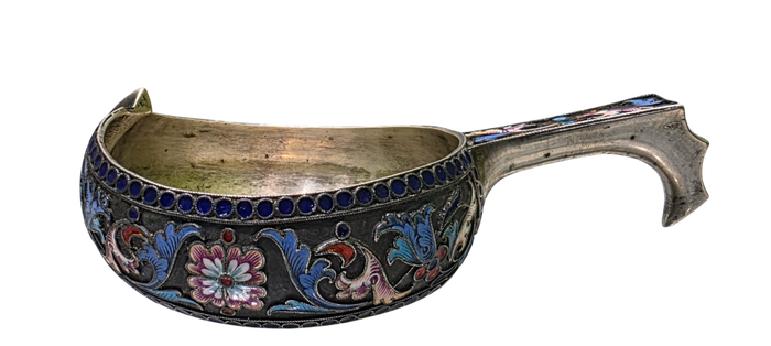Antique Russian Silver & Enamel Kovsh by Victor Akimov  Imperial Russia, 1891, 84 Zolotnik