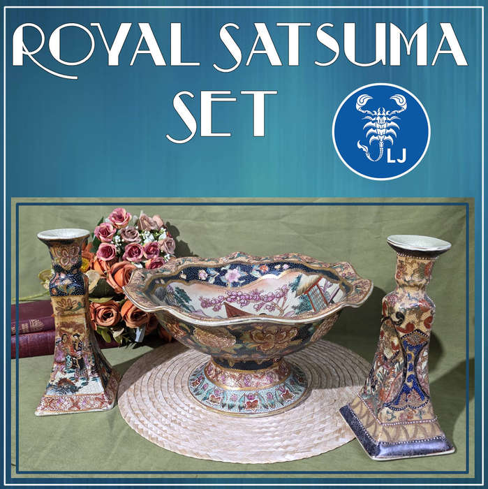 Antique Royal Satsuma Bowl matching set of candle holders.