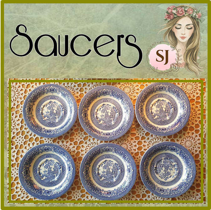 6 VNT BLUE AND WHITE Saucers