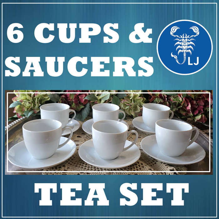 Set of 6 Tea Cups & Saucers  Mixed White Porcelain