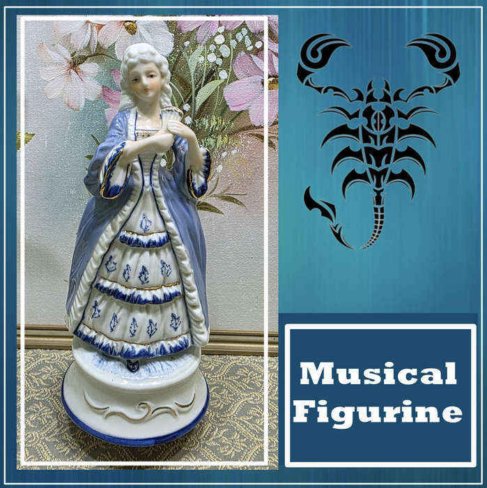 Vintage Blue and White Victorian Lady Porcelain Figurine Music Box | 02 |