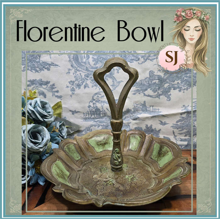 Vintage Florentine Green & Gold Decorative Bowl with Handle  Made in Italy