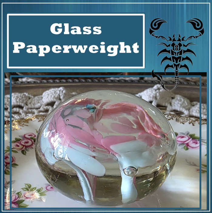 Vintage Blown Glass Paperweight White & Pink with Bubbles