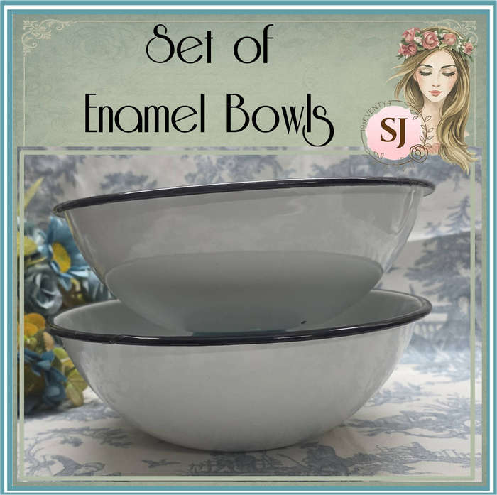 Retro Enamel Charm  Set of Vintage White Bowls with Black Rim