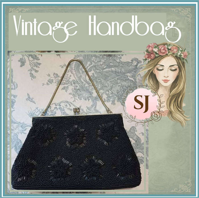 Vintage black beaded kiss lock handbag clutch with chain