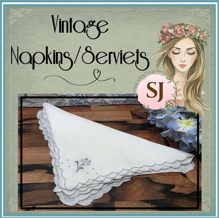 Set of 6 Vintage White Napkins with Embroidered Silver Flowers