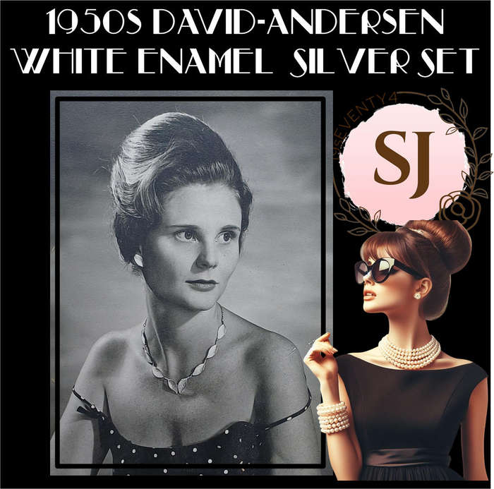 1950s David-Andersen White Enamel Sterling Silver Leaf Set  Necklace & Clip-On Earrings