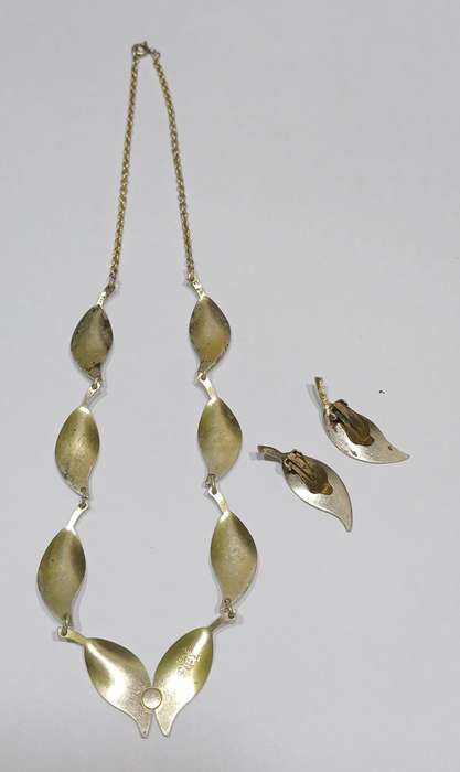 1950s David-Andersen White Enamel Sterling Silver Leaf Set  Necklace & Clip-On Earrings