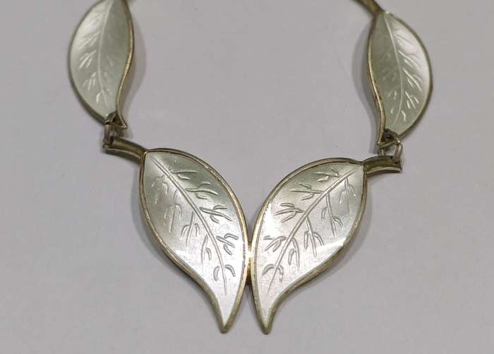 1950s David-Andersen White Enamel Sterling Silver Leaf Set  Necklace & Clip-On Earrings