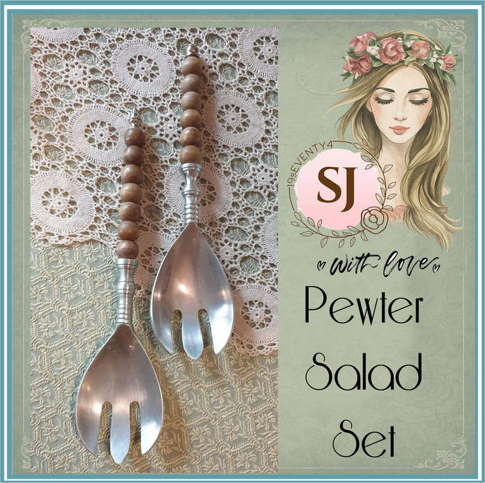Pewter Salad Forks with Wooden Beads