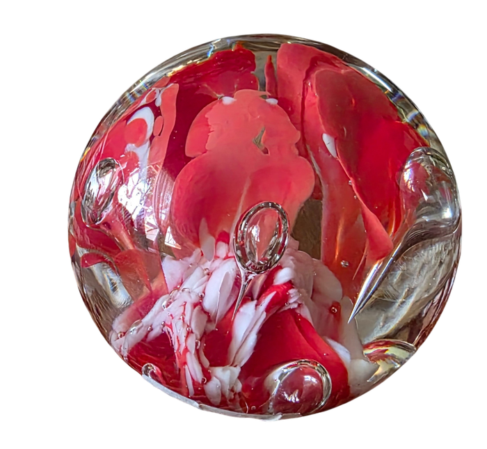 Vintage Blown Glass Paperweight  White & Bright Orange/Red with Bubbles