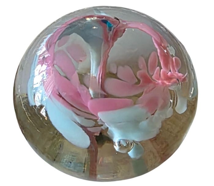 Vintage Blown Glass Paperweight White & Pink with Bubbles
