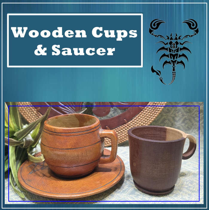 2 WOODEN CUPS & SAUCER