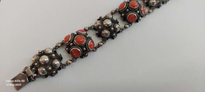 19th century Italian 800 Etruscan silver & coral bracelet