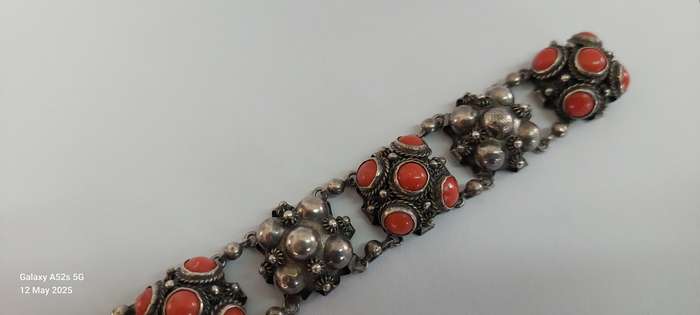 19th century Italian 800 Etruscan silver & coral bracelet