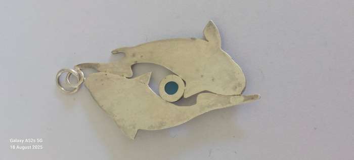 Gorgeous large vintage sterling silver turquoise Pisces pendant 7.9g