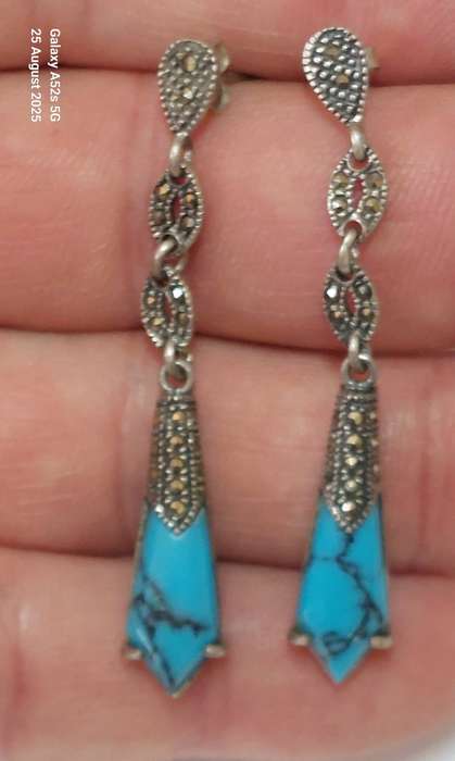 Amazing large vintage sterling silver marcasite & faux turquoise earrings 6.1g