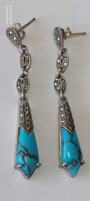 Amazing large vintage sterling silver marcasite & faux turquoise earrings 6.1g