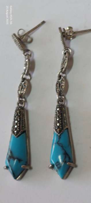 Amazing large vintage sterling silver marcasite & faux turquoise earrings 6.1g