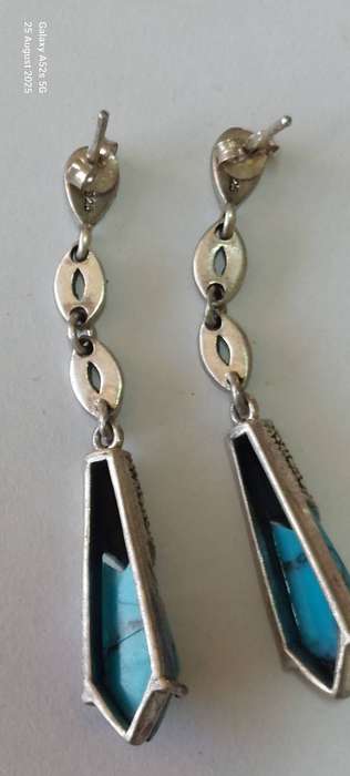 Amazing large vintage sterling silver marcasite & faux turquoise earrings 6.1g