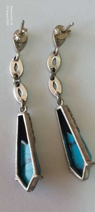 Amazing large vintage sterling silver marcasite & faux turquoise earrings 6.1g