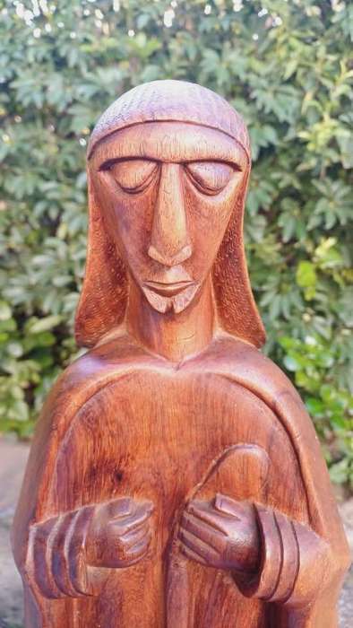 Large wooden Hand-Carved Monk in contemplation - 60cm tall