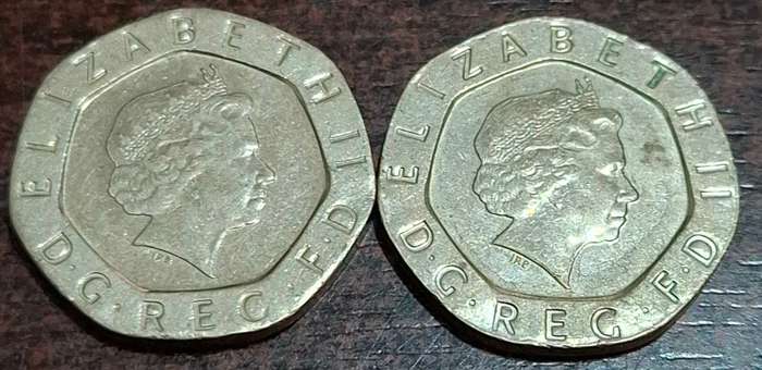 2004 and 2005 two British twenty pence
