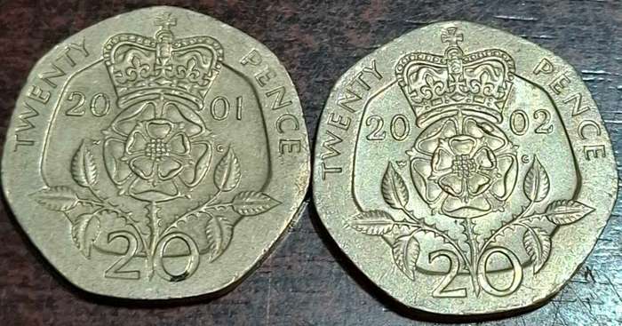 2001 and 20002 two British twenty pence