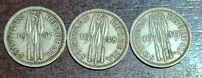 1947, 1948 and 1949 Southern Rhodesia 3 pence coins