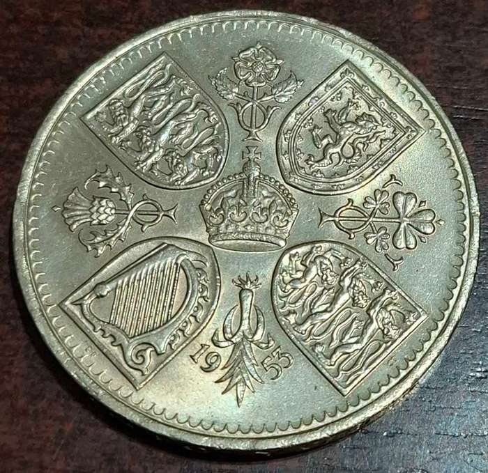 1953 British five-shilling coin
