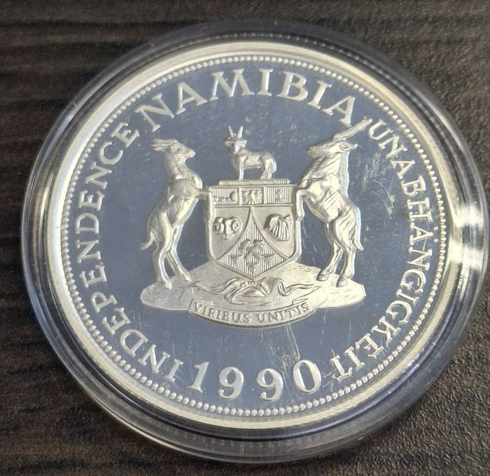 1990 Namibia 10 Mark Independence silver coin.