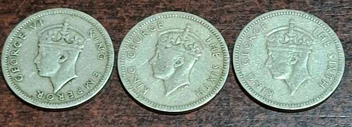 1947, 1948 and 1949 Southern Rhodesia 3 pence coins