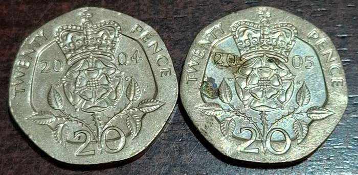 2004 and 2005 two British twenty pence