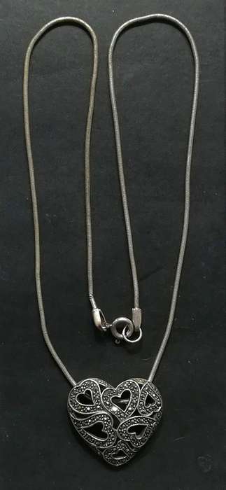 STERLING SILVER +MARCASITE CHAIN 430MM *HEART PENDANT*  25X25MM 10 GRAMS